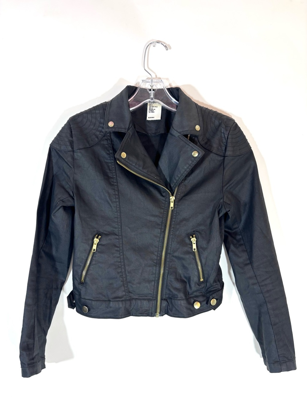 H&M Divided Black Coated Waxed Denim Moto Biker Jacket Gold Hardware - Size 2